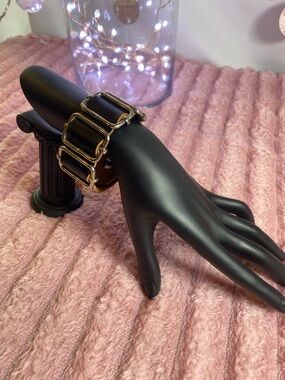 Black Leather Cuff Watch Bracelet with Silver Hardware